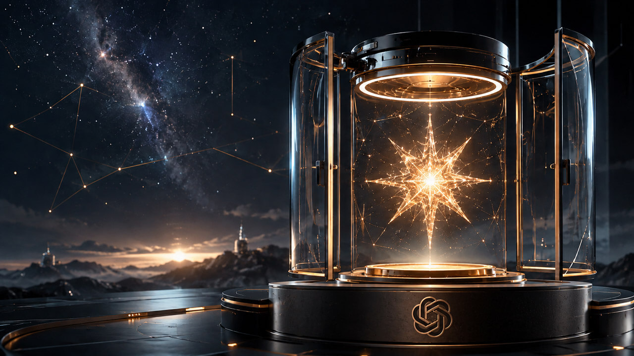 Radiant star-like AI entity revealed inside a futuristic glass chamber, symbolizing the expected launch of OpenAI Astra.