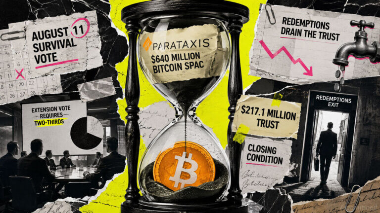 Parataxis Bitcoin SPAC depicted inside an hourglass as redemptions drain the trust ahead of the Aug. 11 two-thirds extension vote.