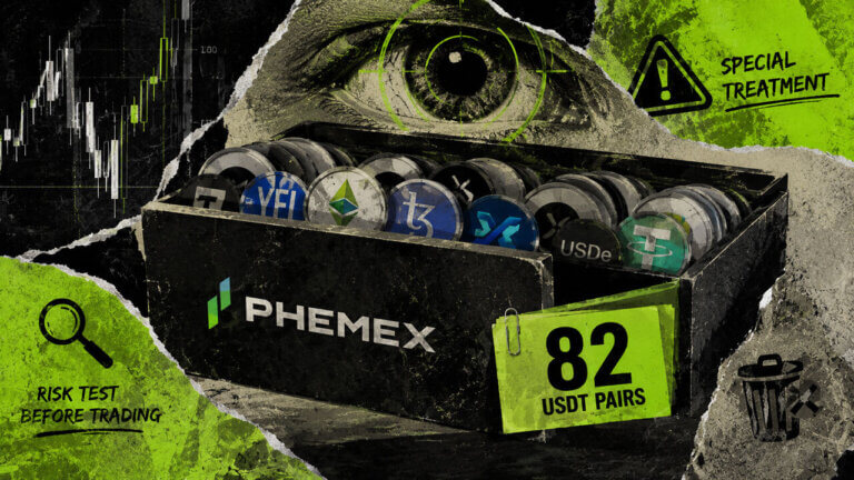 Phemex collage showing token symbols under surveillance with 82 USDT pairs, Special Treatment warnings, and a required risk test.