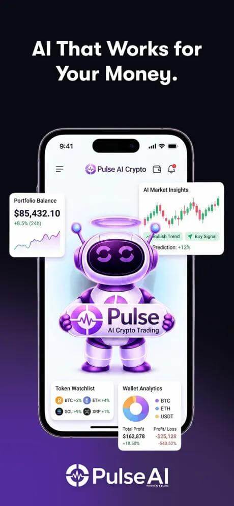 Pulse AI crypto platform with portfolio tracking, market insights, token watchlists, wallet analytics, and AI-powered trading tools.