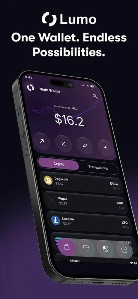 Lumo crypto wallet app displayed on a smartphone with portfolio balance, crypto assets, transactions, and wallet controls.