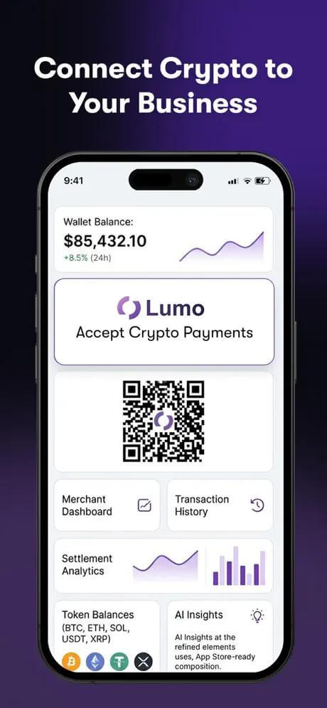 Lumo business crypto payments platform with QR checkout, merchant tools, wallet balances, transaction history, analytics, and AI insights.