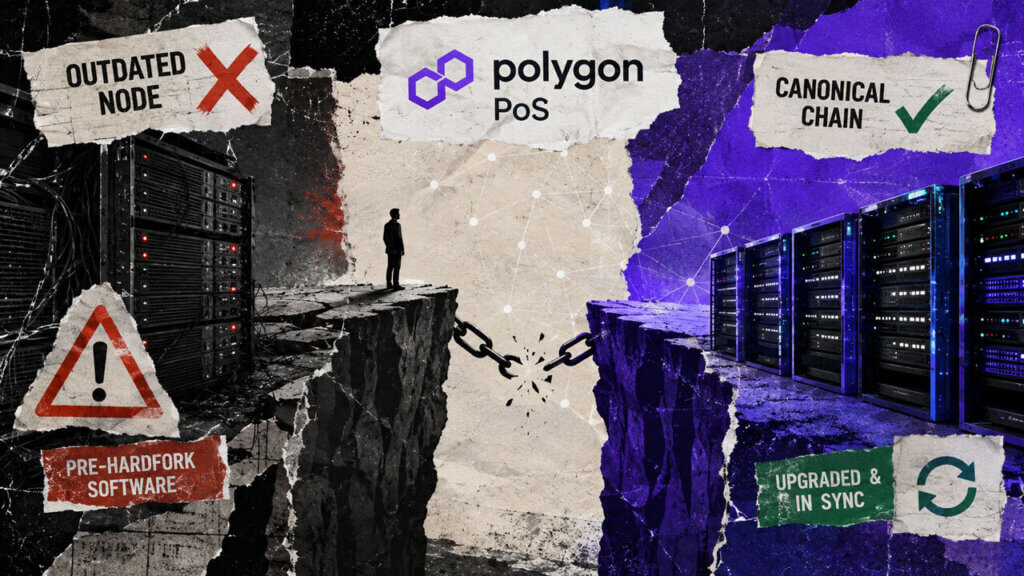Mixed-media collage showing outdated Polygon PoS servers separated by a broken chain from upgraded nodes on the canonical network.