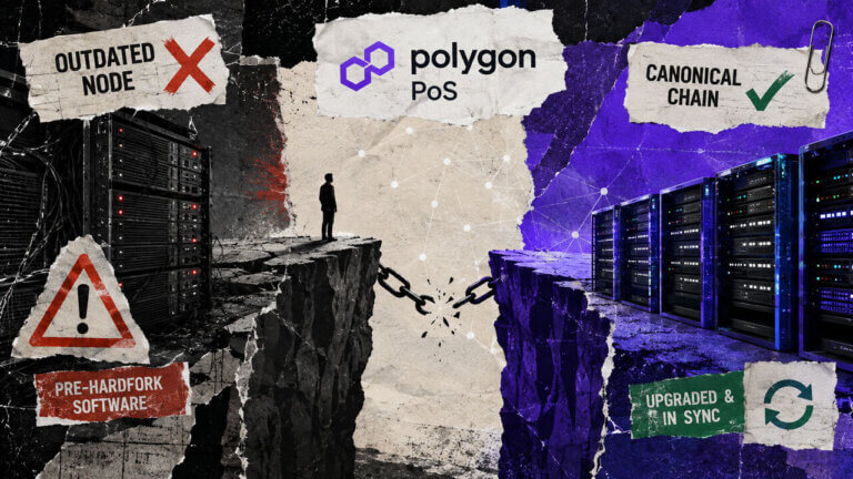 Mixed-media collage showing outdated Polygon PoS servers separated by a broken chain from upgraded nodes on the canonical network.