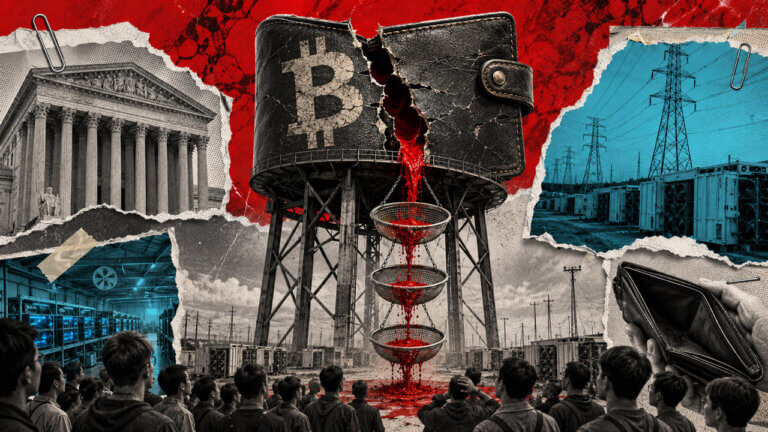 Editorial collage showing a cracked Bitcoin wallet transformed into a reservoir above three filtering baskets, with red liquid draining toward a crowd between courthouse and Texas mining-site fragments.