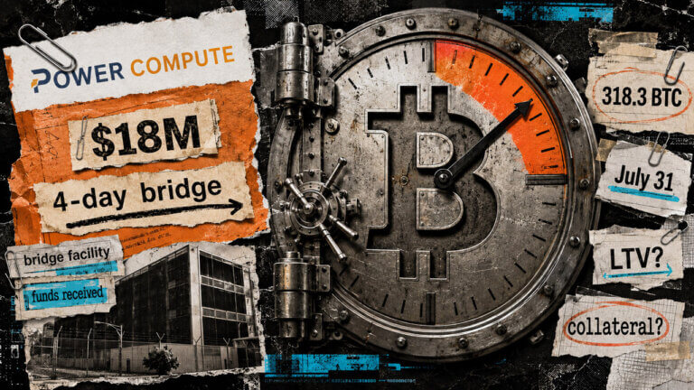 Power Compute logo, $18M bridge and July 31 notes surround a Bitcoin vault clock, highlighting unresolved LTV and collateral terms.