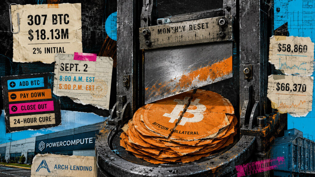 Industrial press compresses Bitcoin collateral beside PowerCompute’s 307 BTC, $18.13 million loan, 2% rate, and Sept. 2 reset terms.