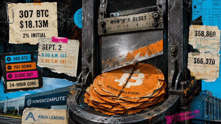 Industrial press compresses Bitcoin collateral beside PowerCompute’s 307 BTC, $18.13 million loan, 2% rate, and Sept. 2 reset terms.