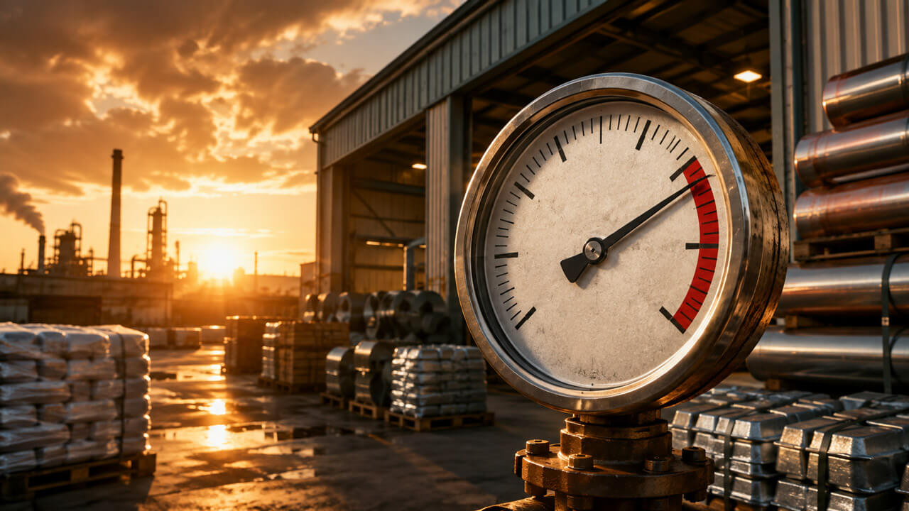 Industrial pressure gauge nearing the red zone beside stacked raw materials at a manufacturing facility.