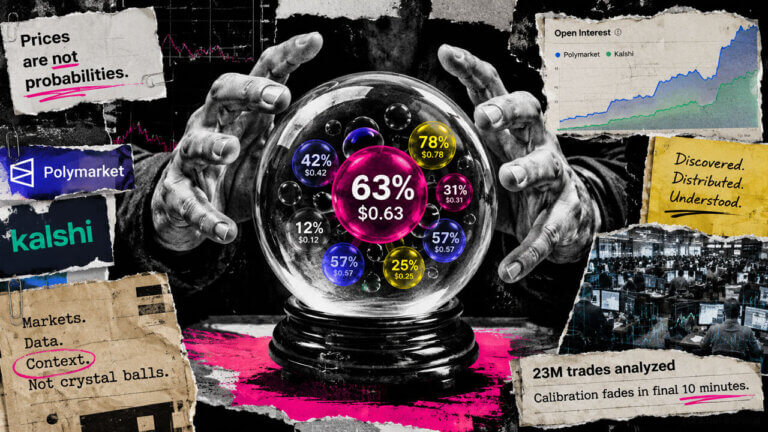 Crystal ball filled with prediction-market prices, surrounded by Polymarket, Kalshi, trading data, and calibration evidence.