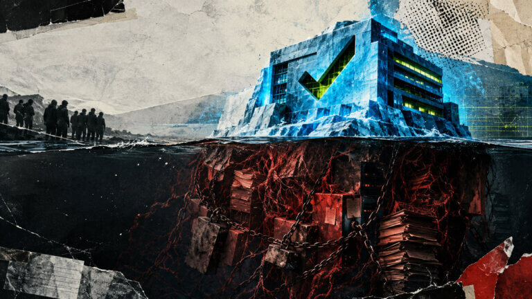 Crypto exchanges iceberg with a glowing check-mark building above water and a vast red underlayer of chains, files, and hidden liabilities below.
