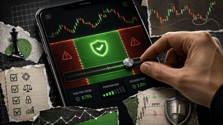 Hand adjusting a trading risk slider inside a green safe zone, surrounded by charts, rules and red warning limits.