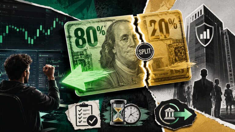 Trading profit on a smartphone turns into real cash after payout approval, with timing, verification and profit-split symbols.