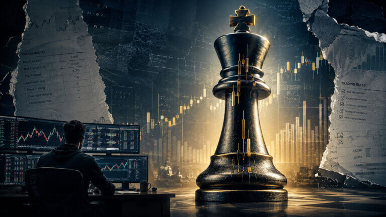 Trader beside a giant chess king and market charts, symbolizing firm capital, strategy, and rules in proprietary trading.