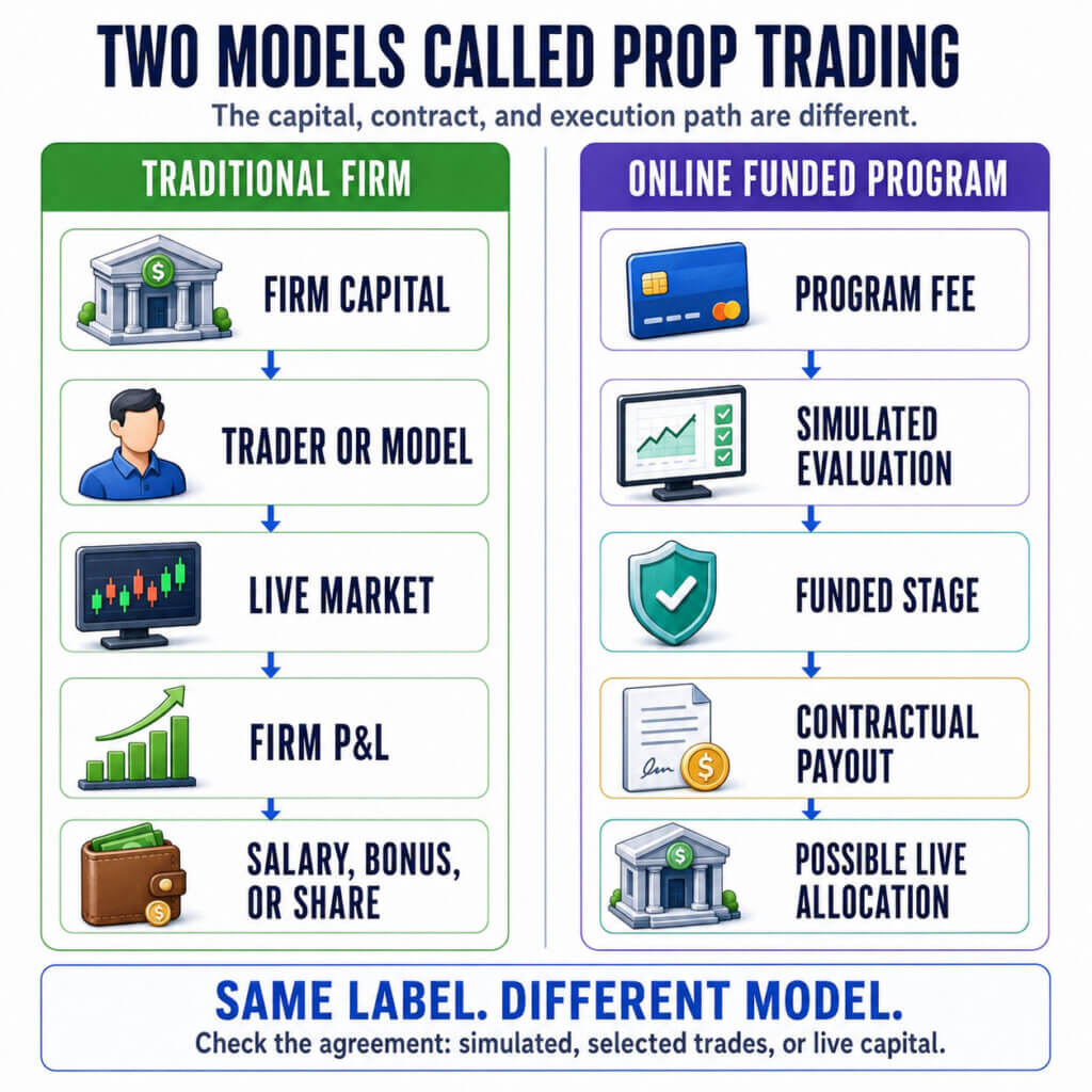 Infographic comparing traditional prop firms and online funded programs, from initial capital or fees through payouts and live allocation.