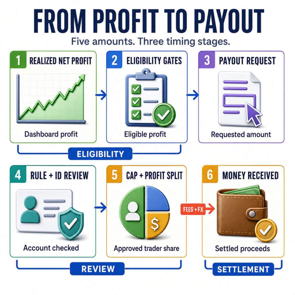 Six-step infographic showing how prop trading profit moves through eligibility, payout request, review, profit split, fees, and settlement.