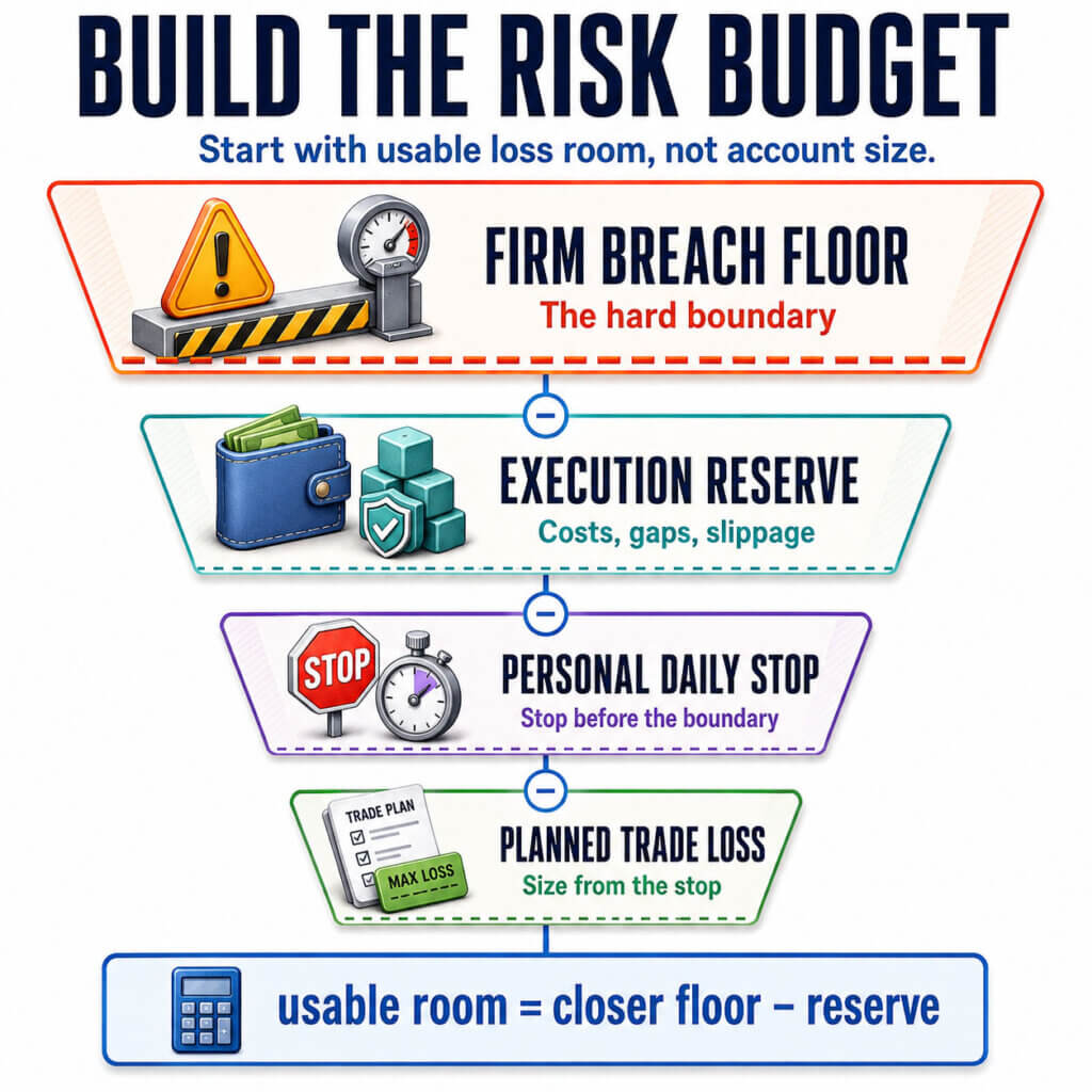Infographic showing how a prop trader builds a risk budget from the firm breach floor, execution reserve, daily stop, and planned trade loss.