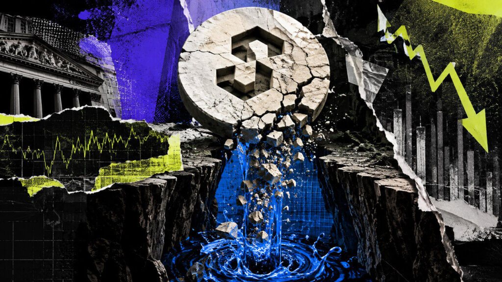 Cracked PROVE token breaks above an electric-blue waterfall and chasm, surrounded by falling charts and financial architecture.