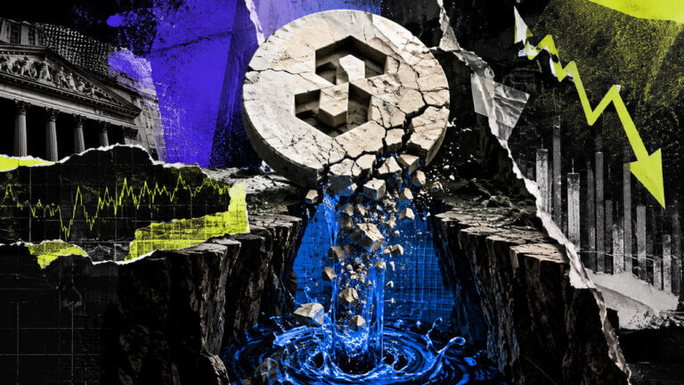 Cracked PROVE token breaks above an electric-blue waterfall and chasm, surrounded by falling charts and financial architecture.