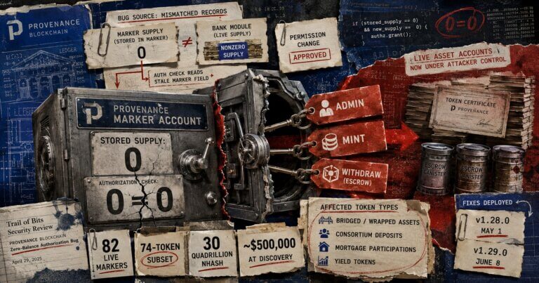 Editorial collage of a cracked Provenance marker vault exposing admin, mint, and escrow-withdrawal permissions, with zero-supply records and affected-token figures.
