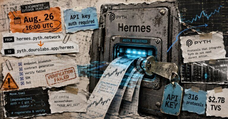 Editorial collage of Pyth’s Hermes service with an API key, Aug. 26 deadline, endpoint migration notes, server racks, and protocol statistics.