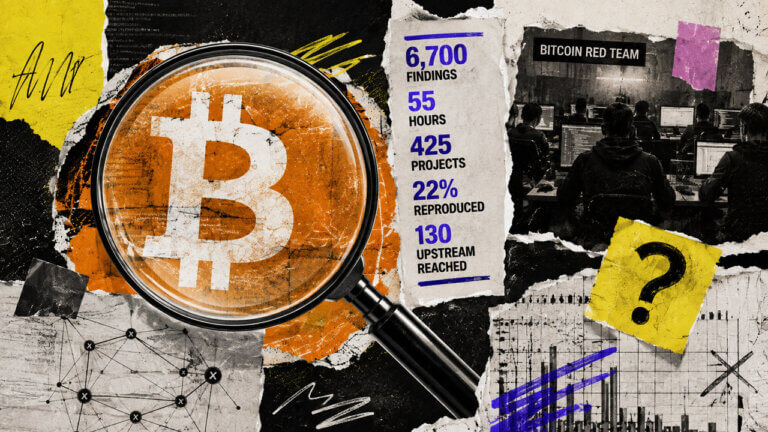 Mixed-media Bitcoin investigation collage with scan statistics, security analysts, network evidence, and unanswered validation questions.