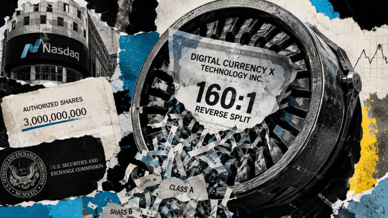 Shredder tears Digital Currency X share certificates apart under a 160-for-1 split, with Nasdaq and 3 billion authorized shares nearby.