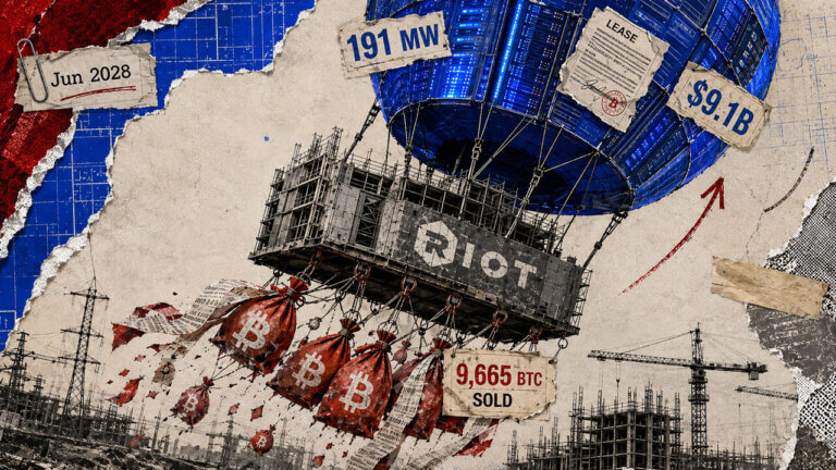 Riot data-center structure hangs beneath a blue server balloon while Bitcoin sale bags fall away, symbolizing treasury-funded AI expansion.