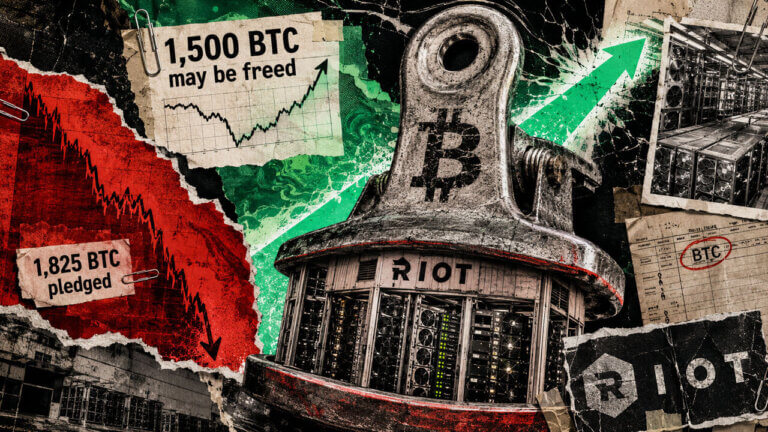 Riot mining facility squeezed by a Bitcoin clamp, with red crash charts and a green rally suggesting 1,500 BTC may be freed.