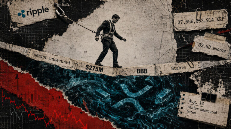 Businessman balances above an XRP liquidity chasm on a $275M BBB debt bridge, tethered to Ripple parent support.