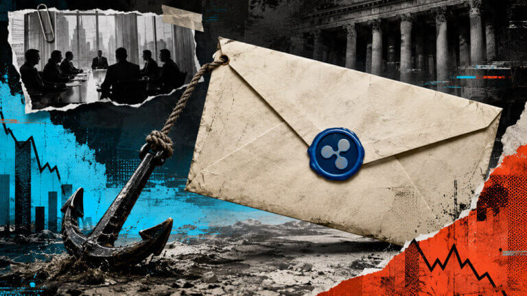 Editorial collage of a Ripple-sealed envelope tethered to an anchor, framed by a boardroom, financial institution and falling market charts.