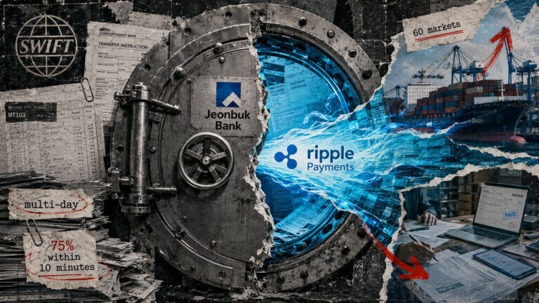 Jeonbuk Bank vault opens into a blue Ripple Payments corridor linking legacy SWIFT paperwork with cross-border trade and business.