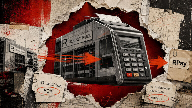 RocketFuel payment terminal and office imagery point toward RPay, highlighting a $1 million insider transfer without independent valuation.