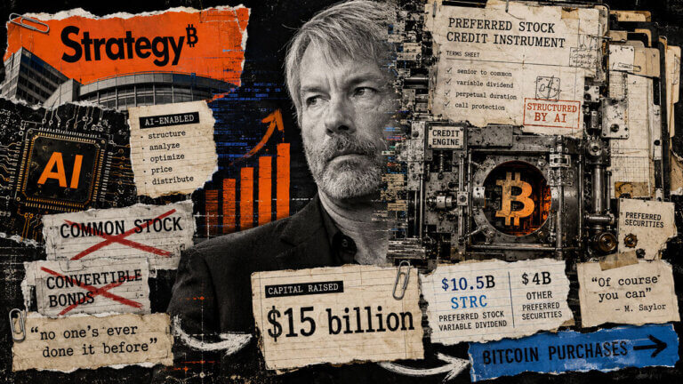 Michael Saylor in an editorial collage with AI, Bitcoin, Strategy branding and $15 billion digital credit references.