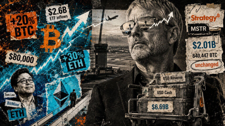 Michael Saylor watches a crypto rally take off while Strategy holds cash, as Tom Lee and Ethereum rise on the opposite side.