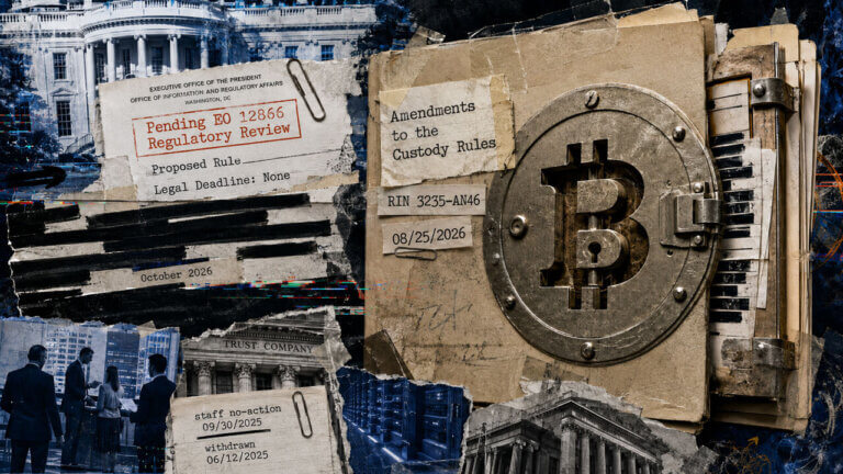 SEC crypto custody rule under White House review shown as a locked Bitcoin vault dossier with redacted regulatory documents.