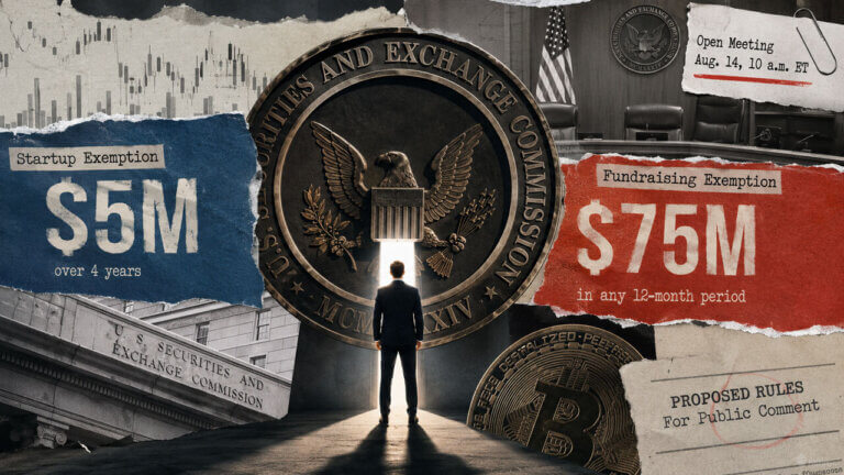 SEC building collage with a glowing regulatory doorway, $5M and $75M fundraising lanes, crypto imagery, and Aug. 14 vote details.