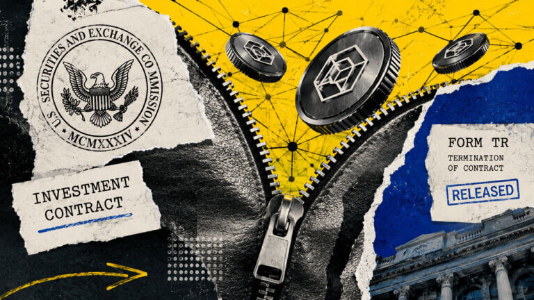 Editorial collage shows a zipped investment contract opening into a crypto network beside the SEC seal and a Form TR release notice.