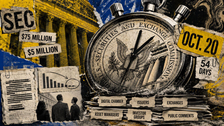 Punk editorial collage of an SEC stopwatch pressing on sparse public comments, with Oct. 20, 54 days, and $5M/$75M rule markers.