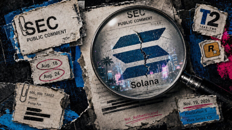 Magnifying glass enlarges a cracked Solana symbol over SEC comment papers, with Take-Two, Rockstar, wallet, and release-date evidence.