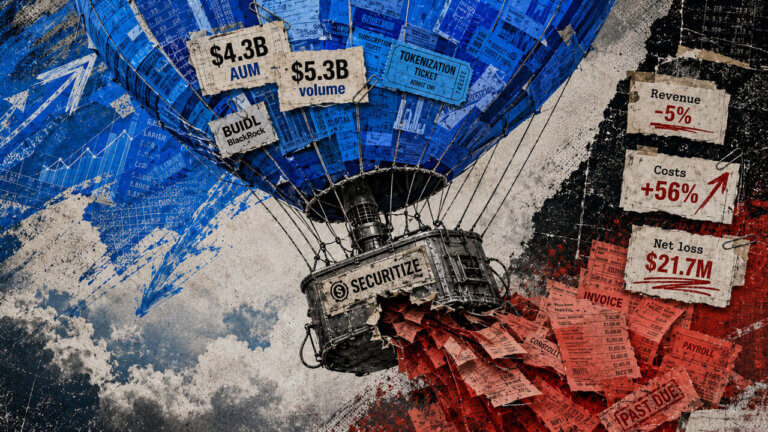 Securitize balloon rises on growing AUM and transaction volume while a heavy trail of red invoices and losses drags beneath it.
