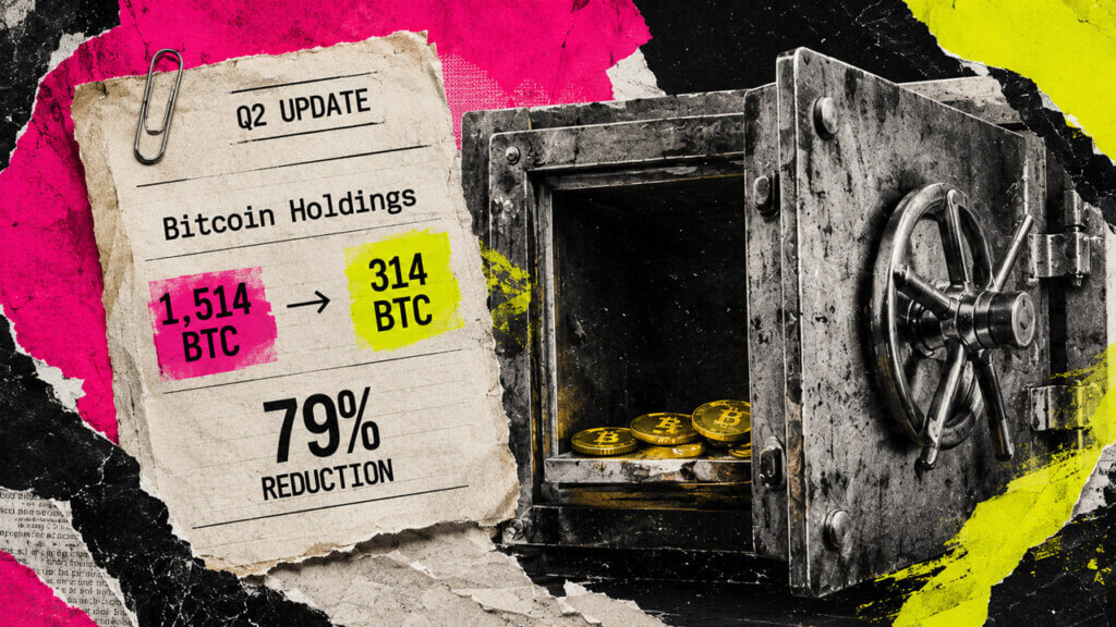 Open vault beside a Q2 note showing Sequans’ Bitcoin holdings falling 79%, from 1,514 BTC to 314 BTC.
