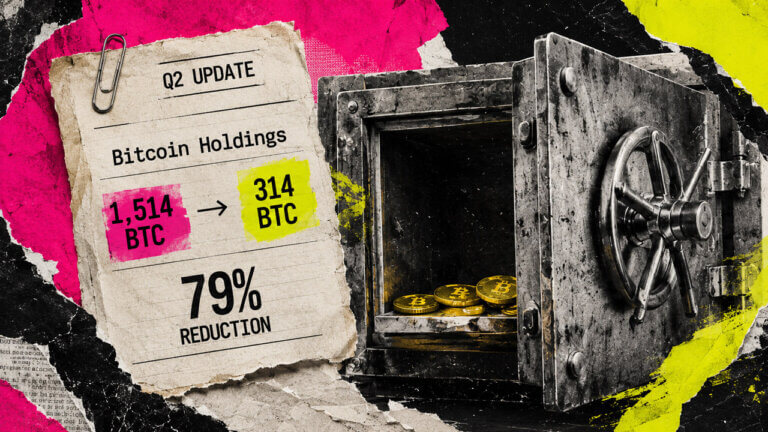 Open vault beside a Q2 note showing Sequans’ Bitcoin holdings falling 79%, from 1,514 BTC to 314 BTC.