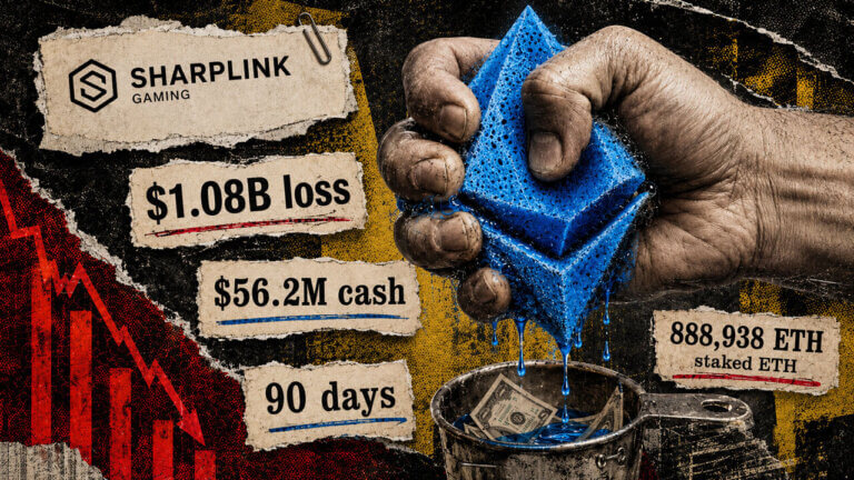 A hand squeezes an Ethereum-shaped sponge into a small cash container, illustrating SharpLink’s $56.2M cash and 90-day liquidity test.