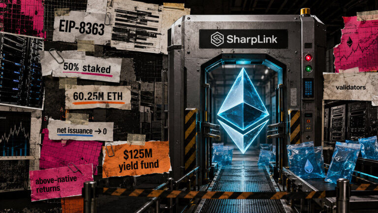 SharpLink checkpoint screens a glowing Ethereum symbol amid EIP-8363, staking threshold and $125M yield fund evidence.