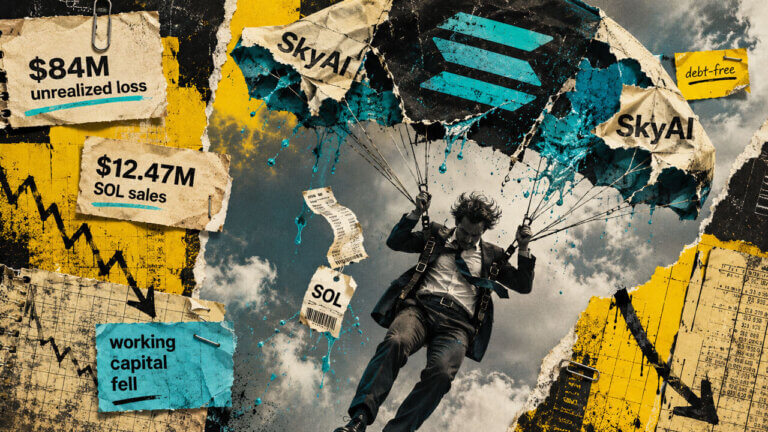 Businessman falls beneath a torn Solana parachute as SkyAI faces an $84M unrealized loss, SOL sales, and falling working capital.