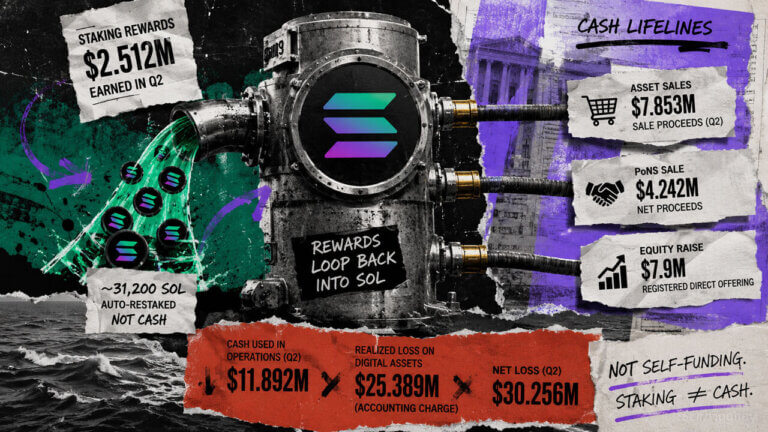 Solana rewards loop back into SOL as three cash lifelines—asset sales, PoNS proceeds and equity funding—support operations.