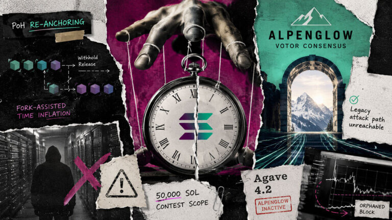 Puppet-like hand controls a torn Solana clock as PoH re-anchoring and fork-assisted inflation face an Alpenglow Votor transition.