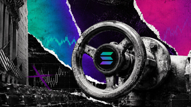 Weathered Solana-branded valve dominates an editorial collage with exchange architecture, empty seats, torn paper and stalled market charts.