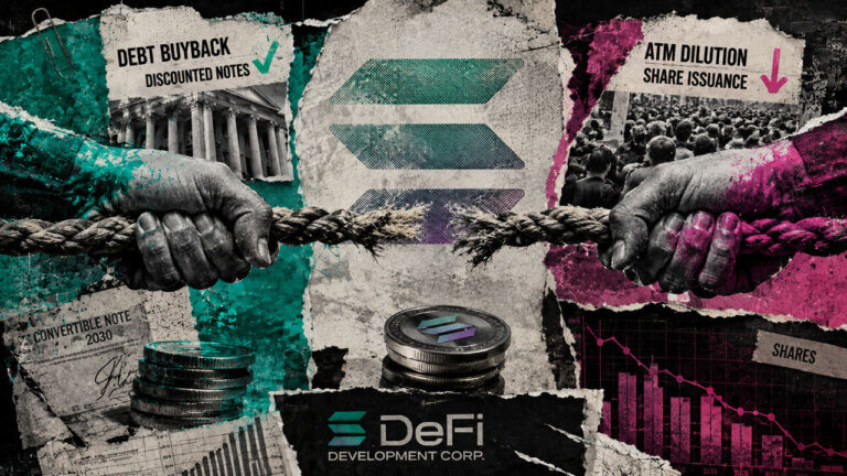 Editorial collage shows Solana pulled between DeFi Development debt buybacks and ATM dilution through a fraying financial tug-of-war.